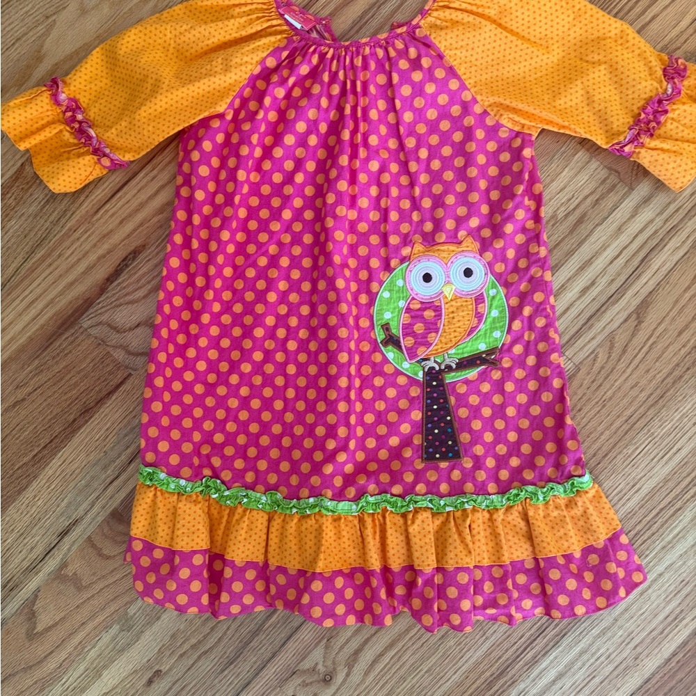 Pink and Orange Polka Dot Dress with Owl Design